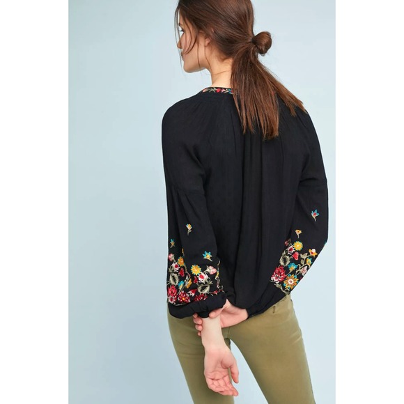 Anthropologie Maeve Lanie Boho Embroidered Peasant Top Small Black Tassel - Picture 4 of 12